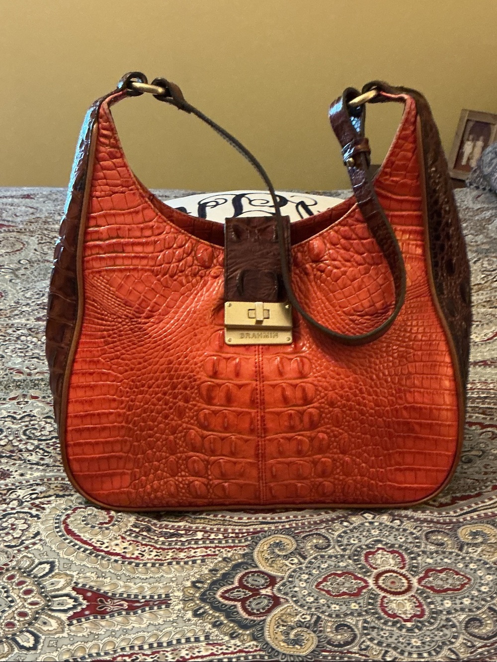 Brahmin Orange Croc-Embossed Leather Shoulder Bag with Brown Accents